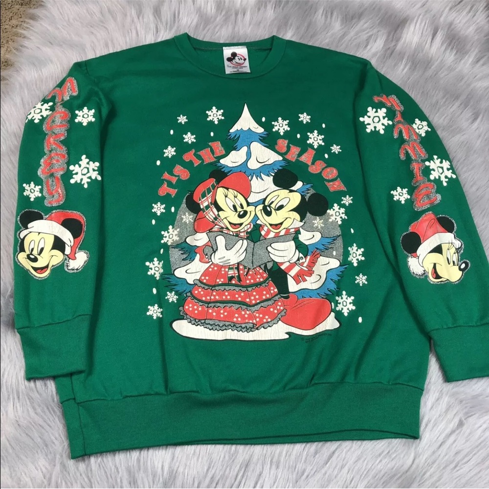 Vintage Disney Green Christmas Glitter Xmas Ugly Sweater Minnie Mickey